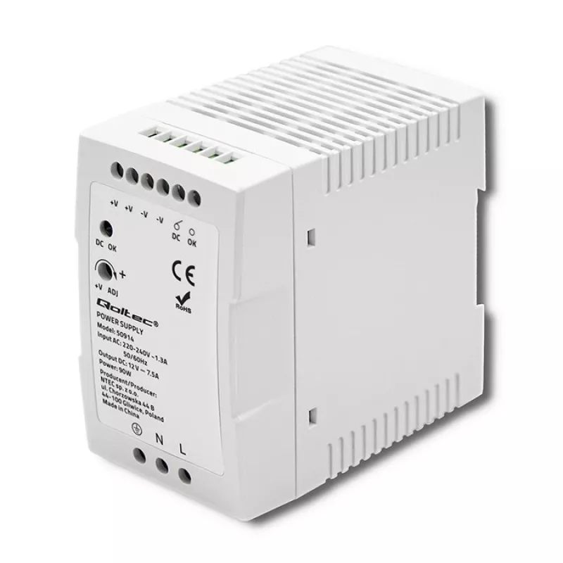 Fonte de alimentação para calha DIN Qoltec 50914 | 90W | 12V | 7,5A | branco | slim