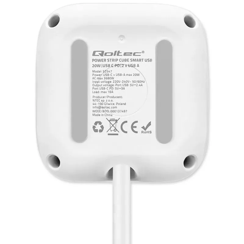 Power Cube QOLTEC 52547 Régua de tomadas 3×tomadas AC, 2×USB-A, 1×USB-C PD 20W