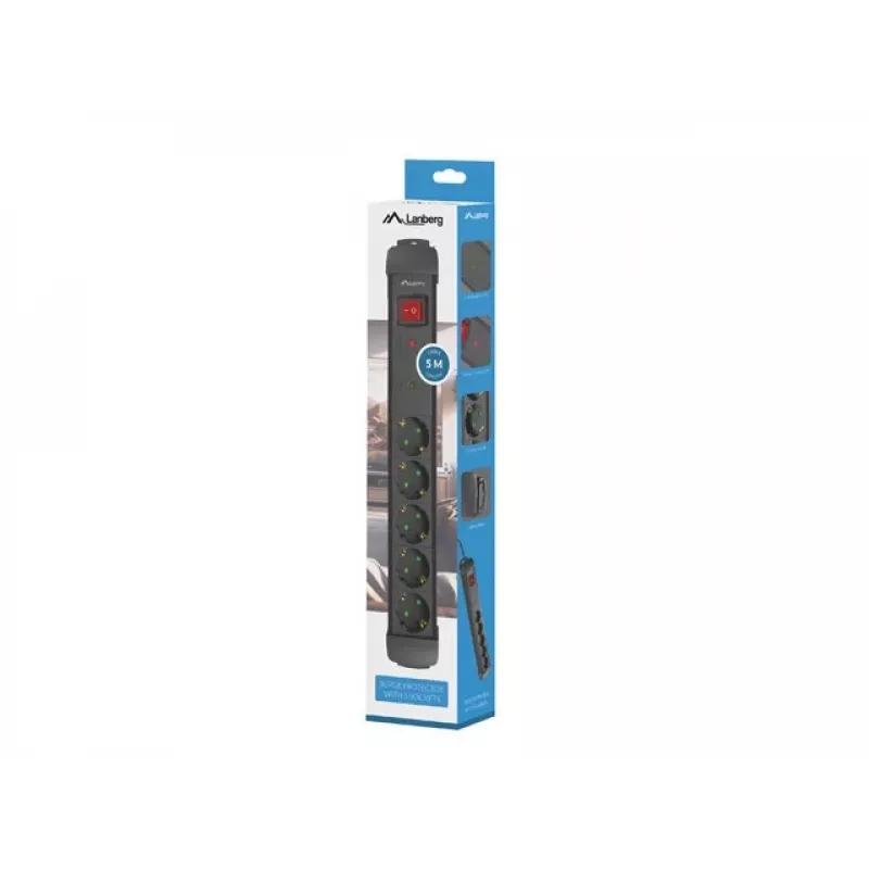 Cabo de extensão Lanberg SP1-05F-0500-BK 5m 5 tomadas com proteção interior preto
