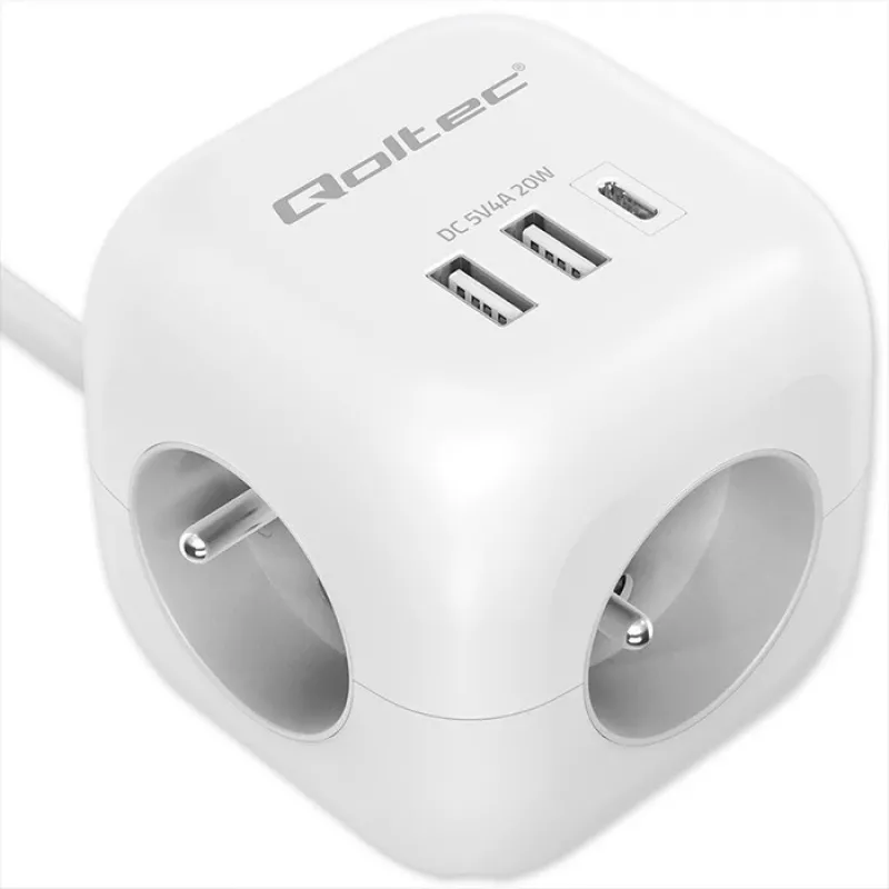Power Cube QOLTEC 52547 Régua de tomadas 3×tomadas AC, 2×USB-A, 1×USB-C PD 20W
