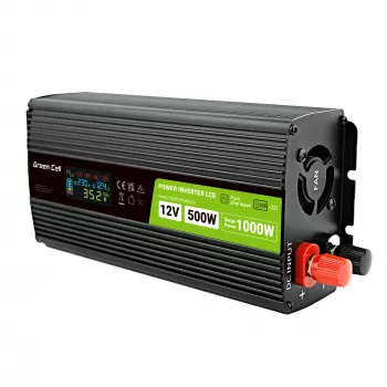 Conversor de tensão Green Cell PowerInverter LCD 12 V 500W/1000W inversor automóvel com ecrã – inversor/adaptador com onda sinusoidal pura automóvel preto