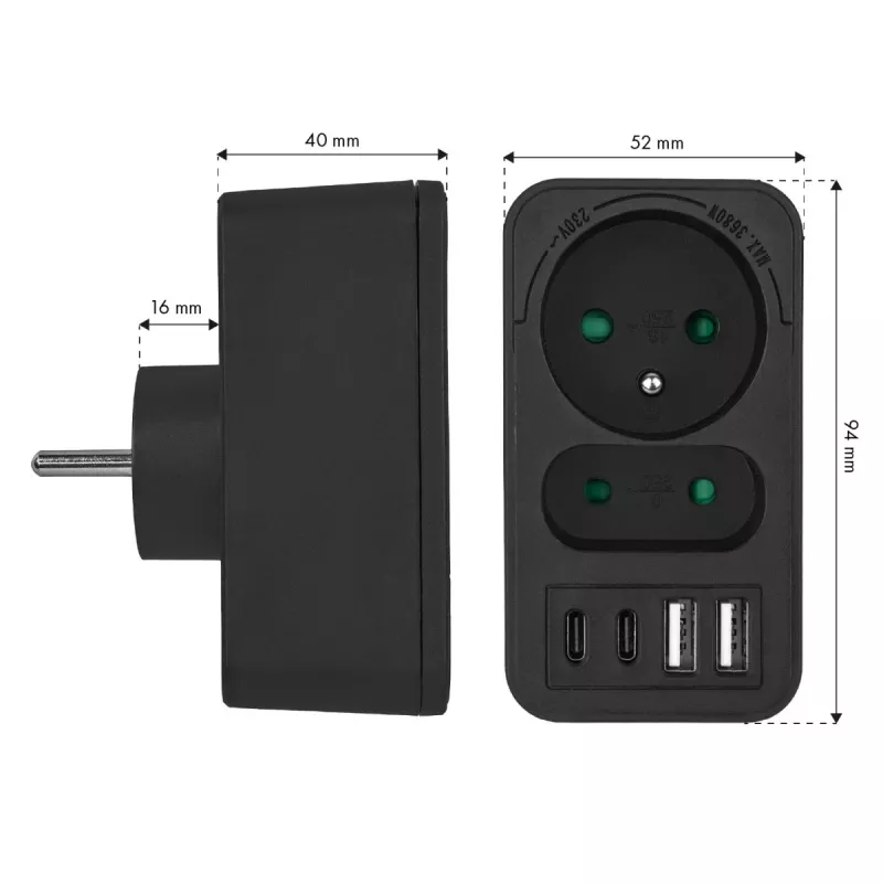 Power Splitter MACLEAN MCE249 F/B – 2 tomadas AC (16A + 6A) com 2×USB-A e 2×USB-C PD 20W, ficha EU, preto