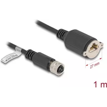 Cabo de rede DeLOCK M12 D-codificado 4 pinos conector fêmea para conector fêmea RJ45 Cat5e 1 m preto
