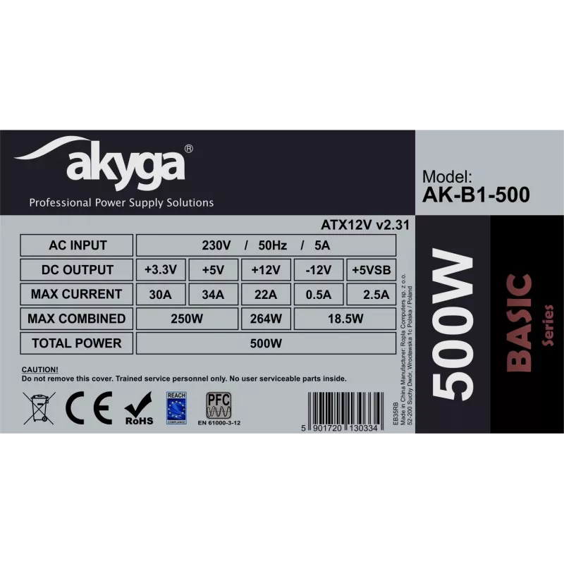 Fonte de alimentação ATX Akyga Basic AK-B1-500 500 W, ventoinha de 120 mm, PFC passivo, Cinzento