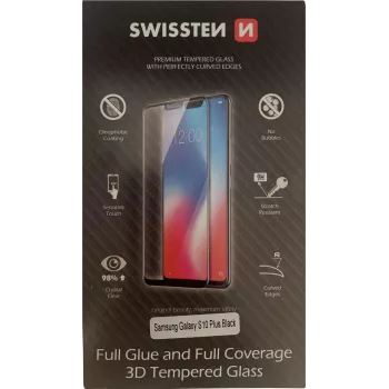 Película de proteção de ecrã 3D vidro temperado cola total SWISSTEN para Samsung Galaxy S10+ preto
