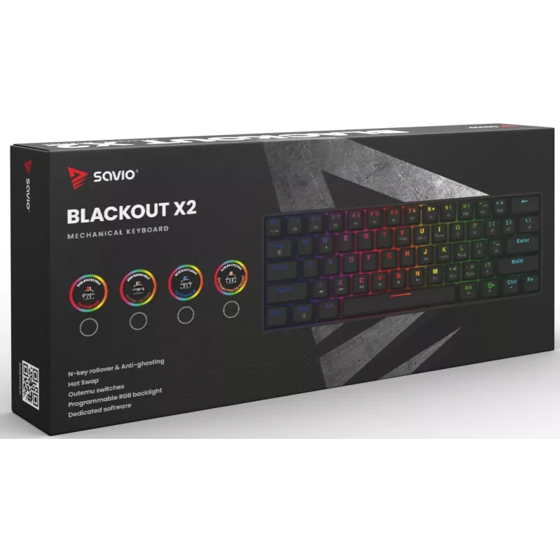 Teclado mecânico gaming SAVIO BLACKOUT X2 BROWN 61 teclas 60% USB QWERTY RGB Outemu Brown