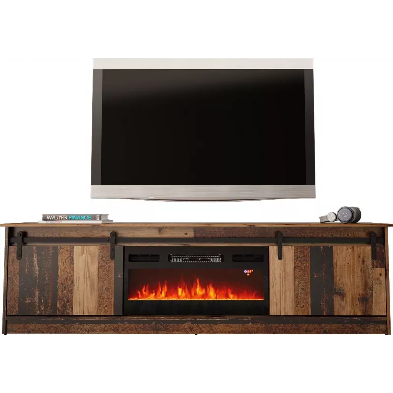 Móvel de TV Cama Meble GRANERO com móvel de lareira, 2000×567×350 mm, aglomerado/MDF, 2 portas de correr, mate, madeira envelhecida