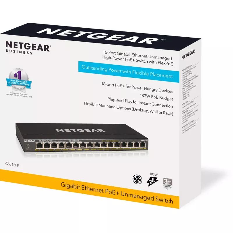 NETGEAR GS316PP Unmanaged Gigabit Ethernet (10/100/1000) Power over Ethernet (PoE) Preto