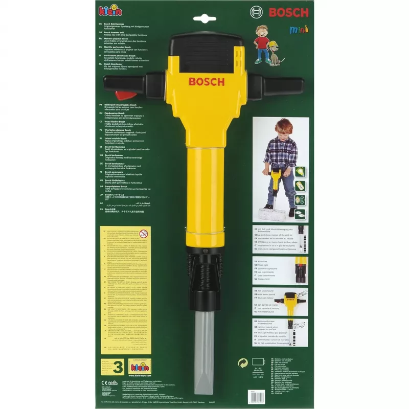 Theo Klein 8405 Martelo demolidor Bosch I a pilhas com movimento de subida e descida da broca I com som de motor e luz intermitente I dimensões: 28 cm x 7 cm