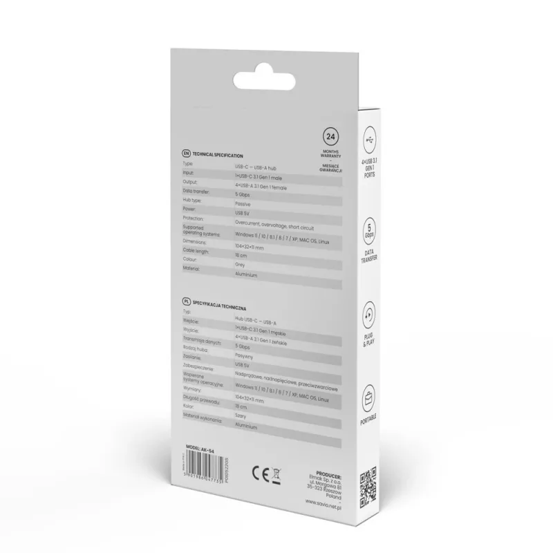 Hub USB SAVIO AK-54 — 4 x USB-A (USB 3.2 Gen 1), host USB-C, preto