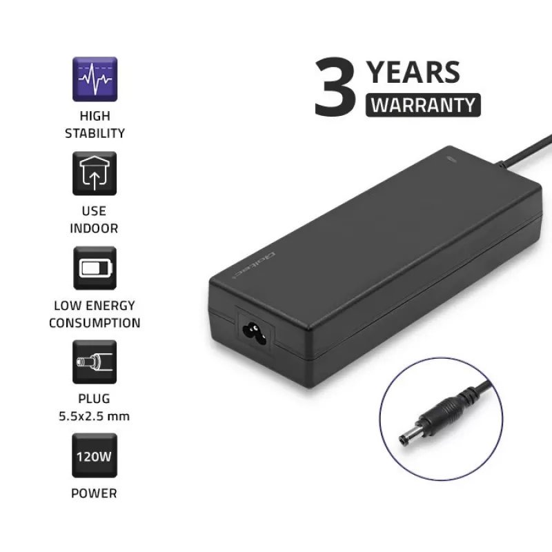 Fonte de alimentação de secretária Qoltec 120W | 12V | 10A | 5,5*2,5 | + cabo de alimentação