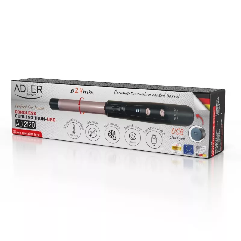 Adler AD 2120 modelador de caracóis sem fios USB, cilindro com revestimento de cerâmica e turmalina, ecrã LED, mín. 170 °C, preto/ouro rosa