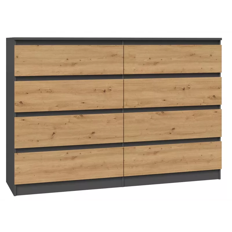 Cómoda Top e shop M8 140 ANT/ART — 8 gavetas, antracite/carvalho, 1380×400×970 mm, aglomerado
