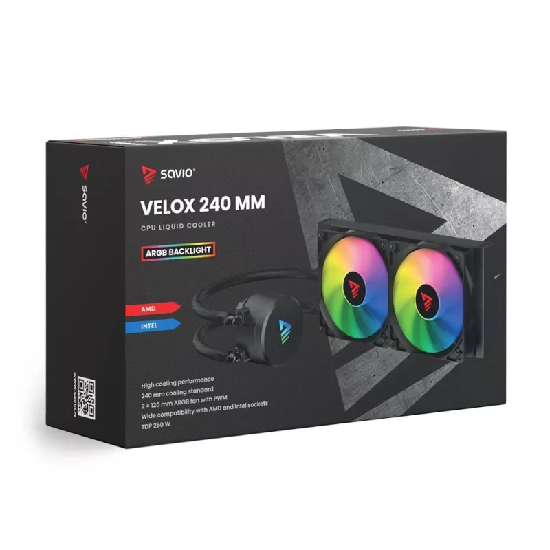 Conjunto de refrigeração líquida SAVIO VELOX 240 mm preto — radiador de 240 mm, 205×450 mm, 2 ventoinhas, TDP 250 W