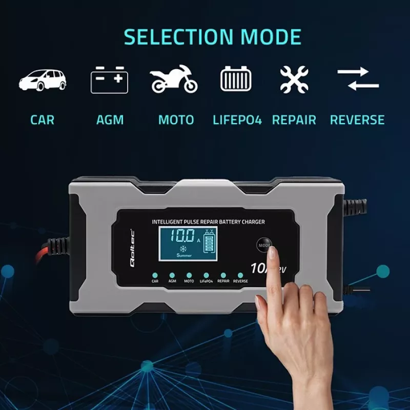Carregador QOLTEC 52493 12V 10A com função de reparação para baterias AGM