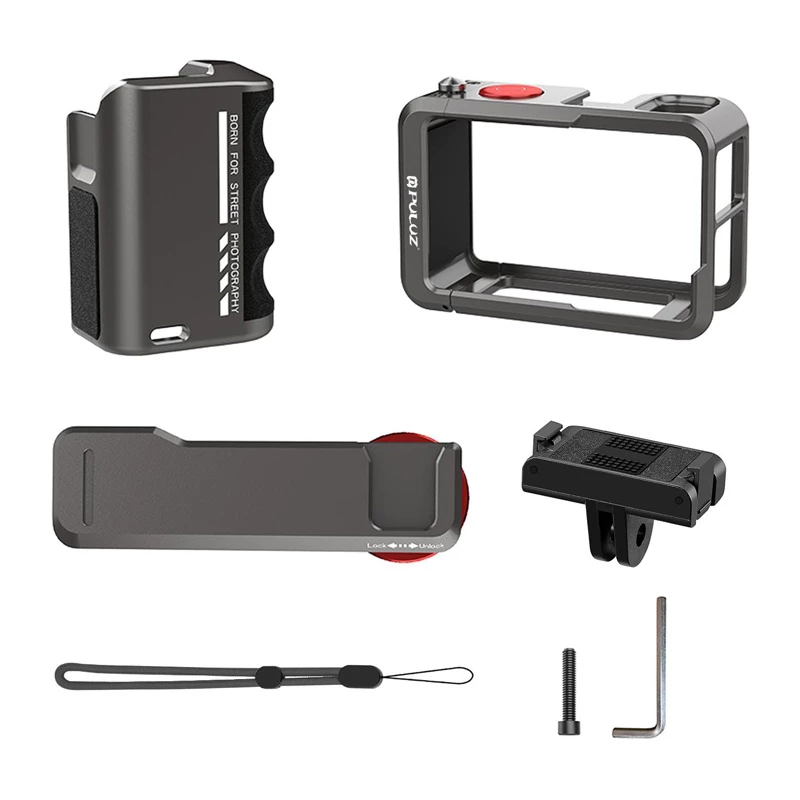 Capa de proteção metálica com pega Puluz para DJI Osmo Action 5 Pro / Action 4 / Action 3