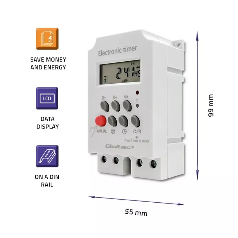 Temporizador eletrónico para calha DIN QOLTEC PC0629 — alimentação 24V, saída 16A