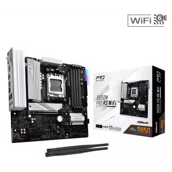 Placa-mãe ASRock B850M Pro RS WiFi — AMD B850, socket AM5, microATX, DDR5, 4 DIMM, 256GB, Wi‑Fi 6E, 2.5Gb LAN, 3x M.2