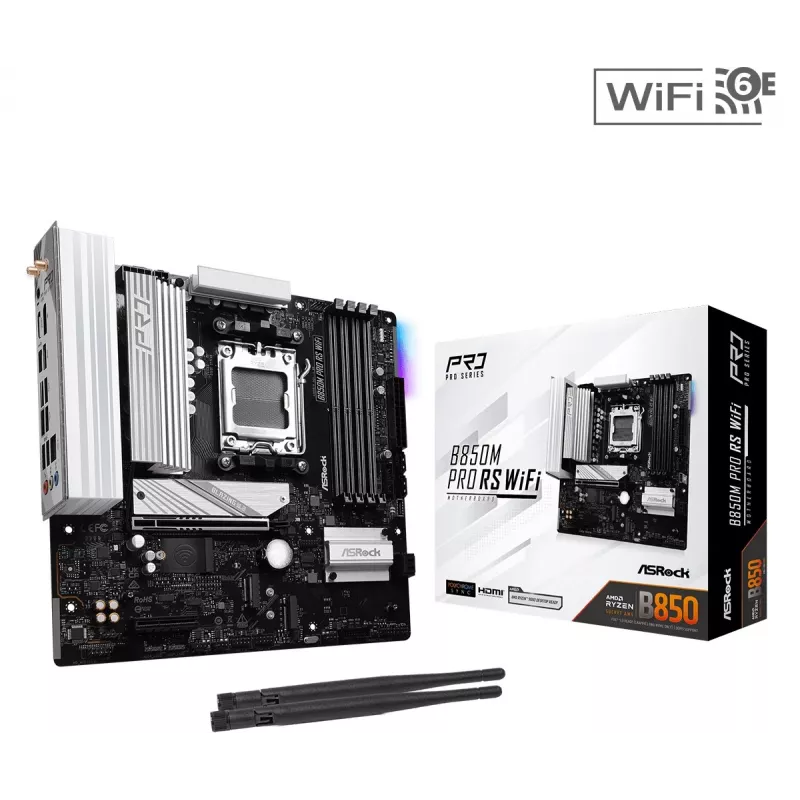 Placa-mãe ASRock B850M Pro RS WiFi — AMD B850, socket AM5, microATX, DDR5, 4 DIMM, 256GB, Wi‑Fi 6E, 2.5Gb LAN, 3x M.2