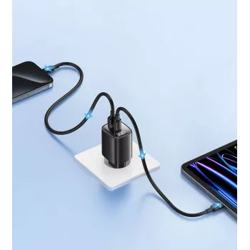 Carregador rápido GaN 30W USB e USB-C usams CC229 Branco — indicador LED, design compacto
