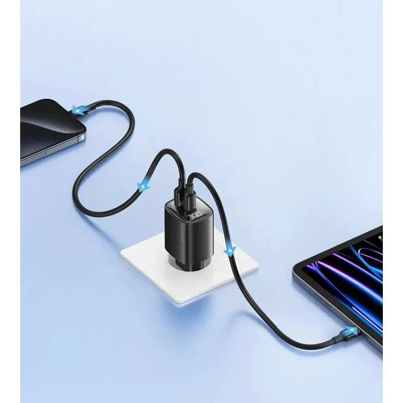 Carregador rápido GaN 30W USB e USB-C usams CC229 Branco — indicador LED, design compacto