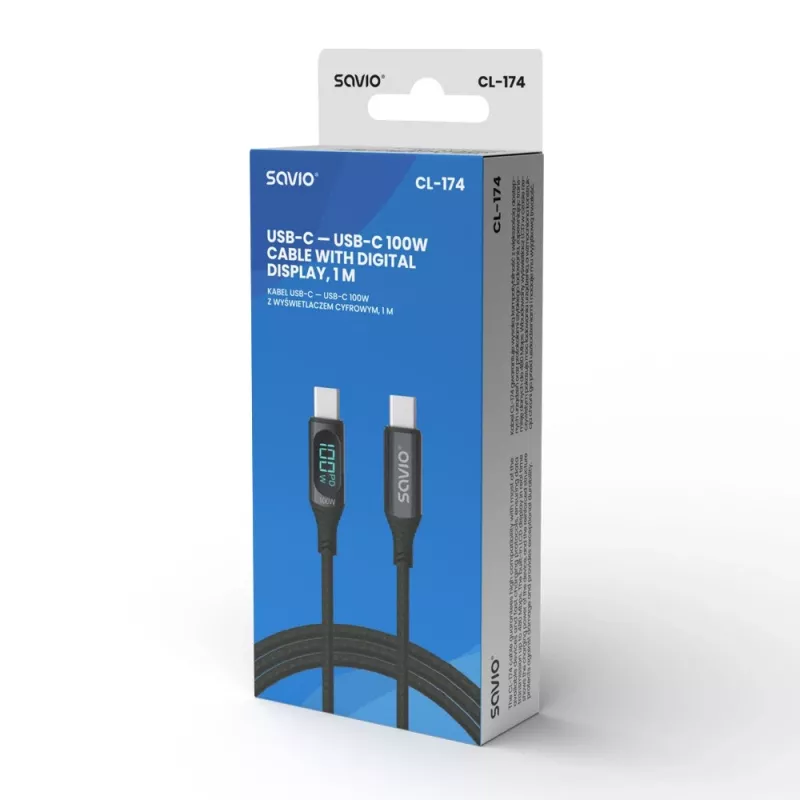 Savio CL-174 cabo USB-C para USB-C, 100 W, Power Delivery/Quick Charge, visor digital, 1 m, verde