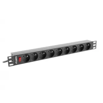 Unidade de distribuição de energia LANBERG PDU-09E-0300-BK — 9x tomadas Type E, 16 A, 220–250 V, cabo de 3 m, rack 1U, 19 polegadas