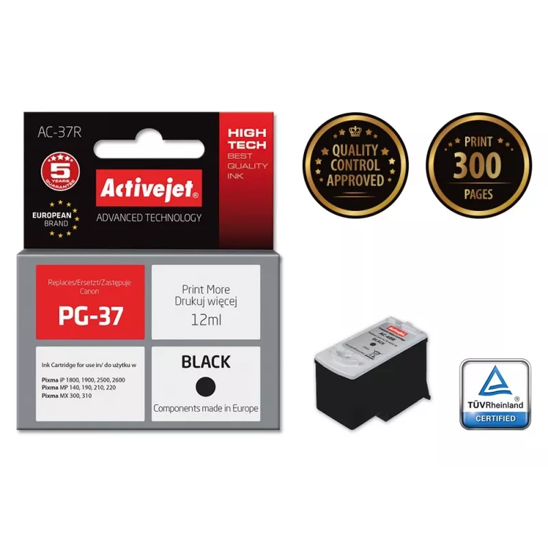 Tinteiro ActiveJet AC-37R substituto compatível com Canon PG-37, preto, 12 ml, alta autonomia, à base de pigmento