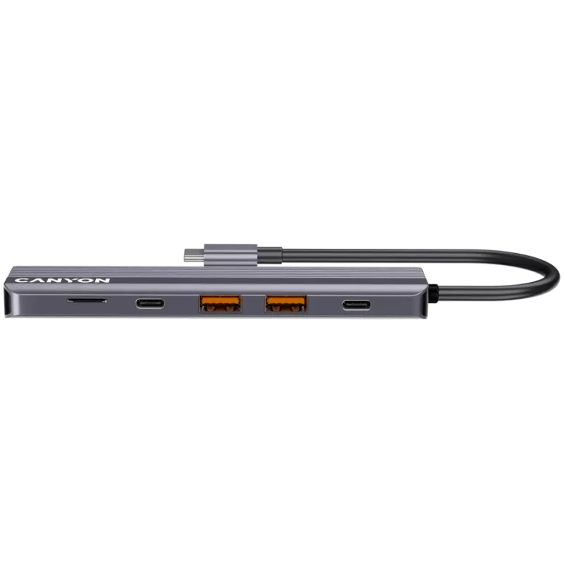 Hub USB Type-C CANYON DS-17 — HDMI, USB 3.2 Gen 1 A, USB-C, MicroSD, 10000 Mbit/s, cinzento