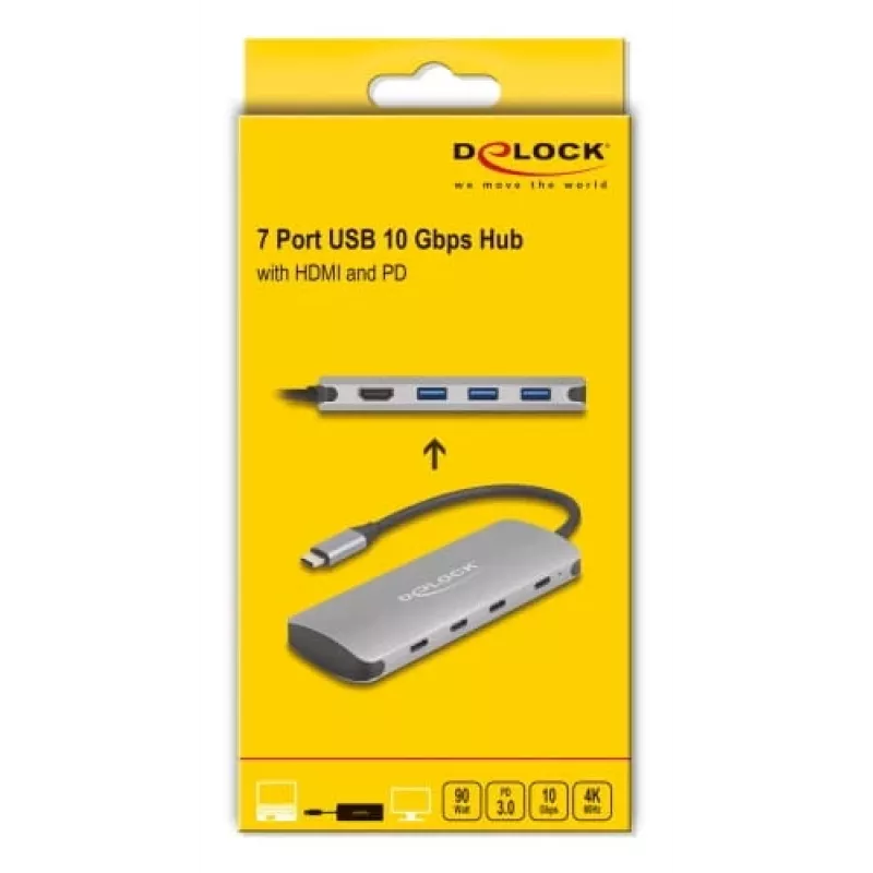 Hub USB-C DELOCK 64323 — anfitrião USB 3.2 Gen 2 Type-C, HDMI + 2× USB-A + 2× USB-C, 10 Gbit/s, cinzento