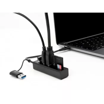 Hub USB 3.2 Gen 1 de 3 portas + leitor de cartões SD e Micro SD com ligação USB Type-C ou USB Type-A, hub USB