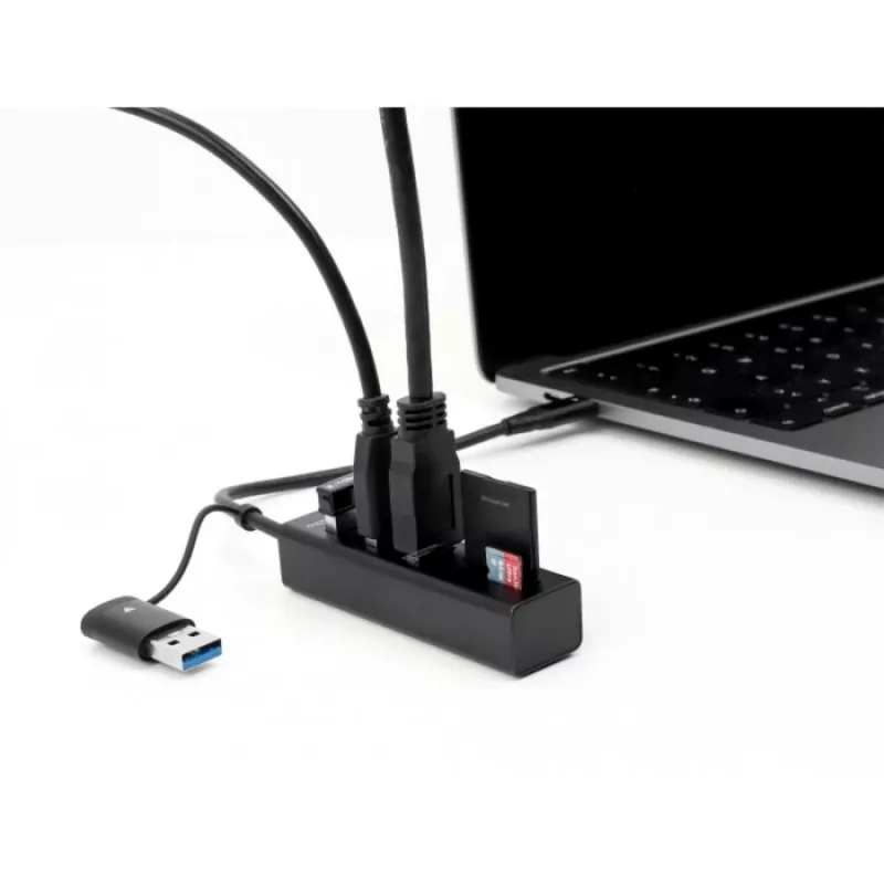 Hub USB 3.2 Gen 1 de 3 portas + leitor de cartões SD e Micro SD com ligação USB Type-C ou USB Type-A, hub USB