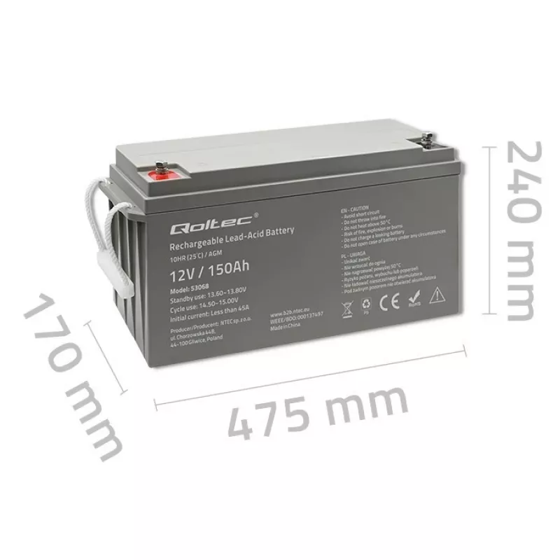 Bateria AGM Qoltec 53068 | 12V | 150Ah | máx. 2250A