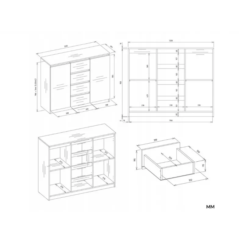 Cómoda com 2 portas e 4 gavetas, carvalho artisan/cor caxemira