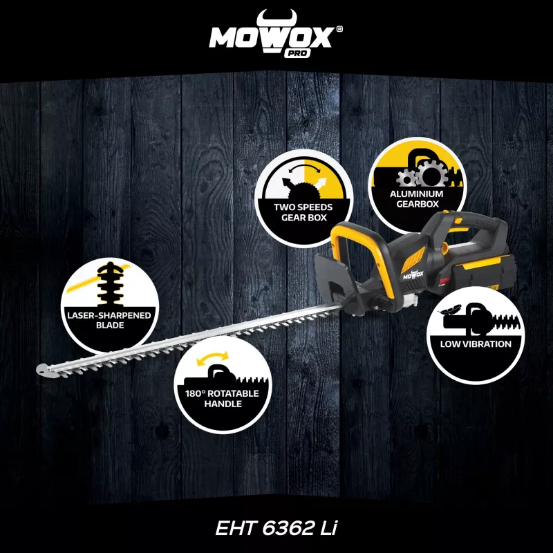 Tesoura para sebes com bateria MoWox EHT 6362 Li — de mão, punho rotativo, alimentada por bateria