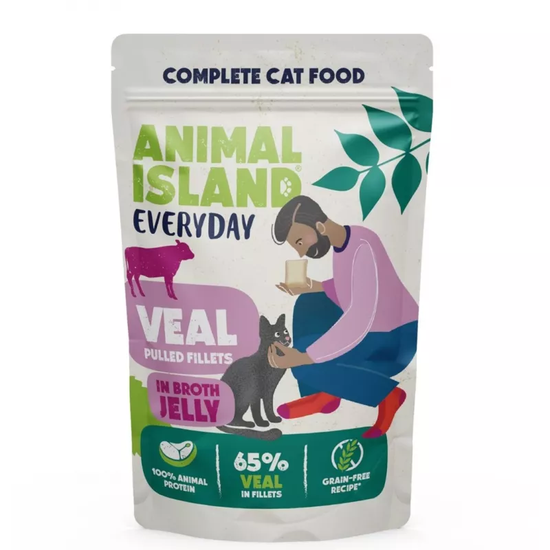 Alimento húmido para gatos animal island Everyday Carne de vitela em geleia — 12 x 85 g saquetas, gatos adultos, sem açúcar, sem soja e sem glúten