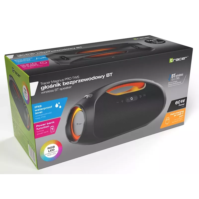 Altifalante portátil estéreo TRACER TRAGLO47226 — sem fios Bluetooth 5.3, 60 W RMS, bateria de 12 h, preto