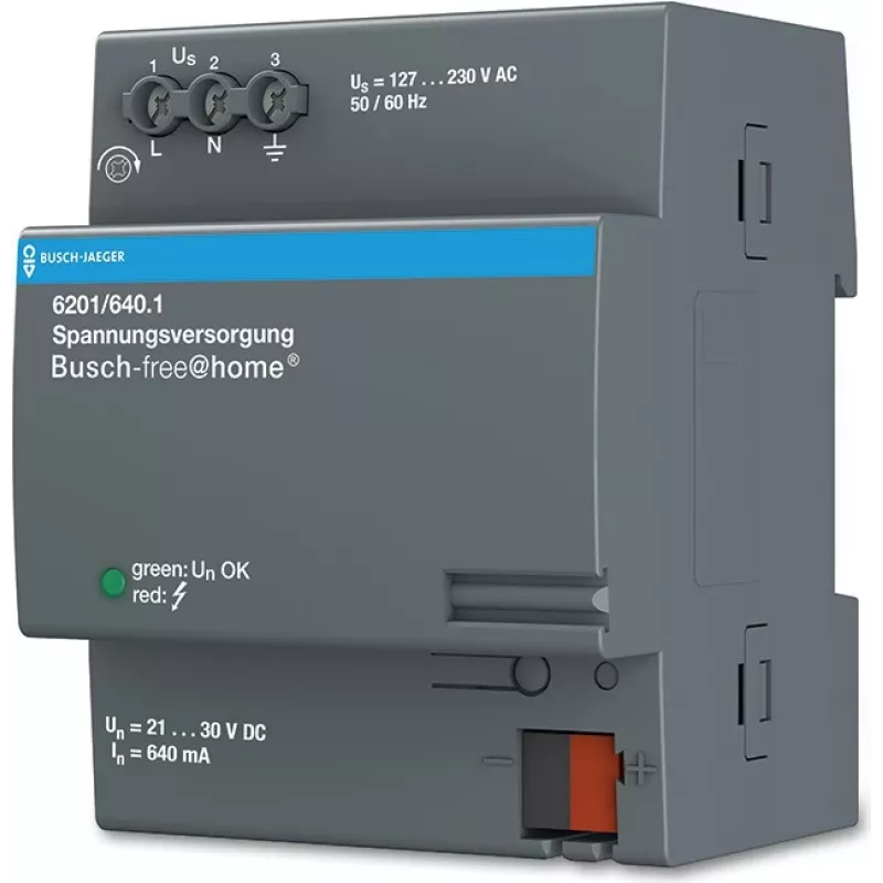 Fonte de alimentação/transformador Busch-Jaeger 6201/640.1, interior, entrada 127–230 V, corrente de saída 0,64 mA, cinzento, 72×64×90 mm
