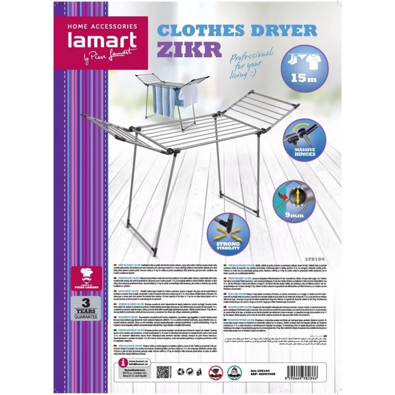 Estendal LAMART LT8104 tamanho 15 M — estendal rotativo para interior e exterior, 15 m de comprimento de estendal