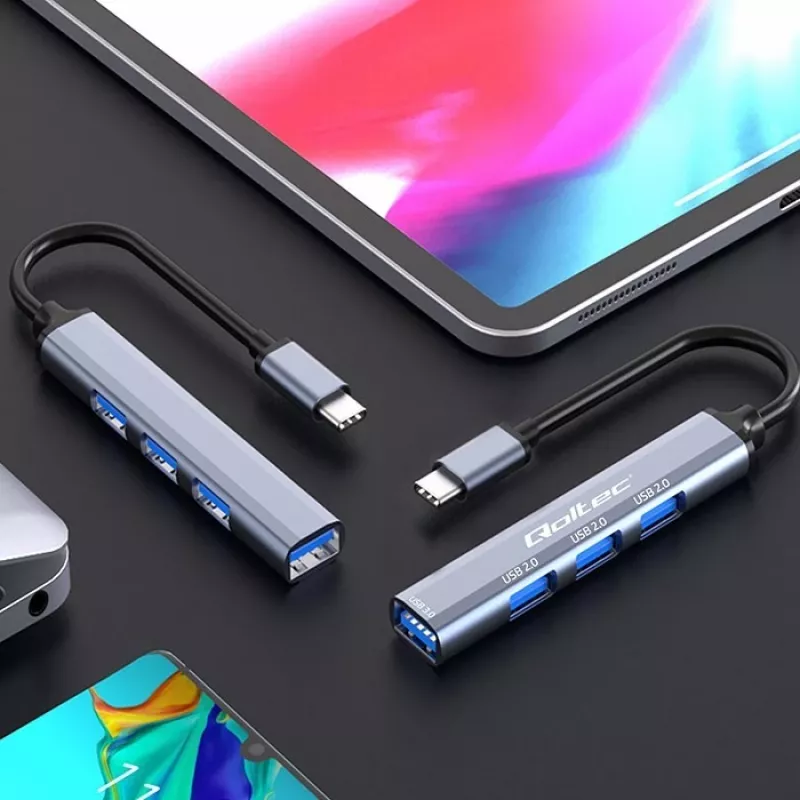 Hub USB QOLTEC 53792, USB-C 3.1 para 4 portas (USB 3.0 x1, USB 2.0 x3)