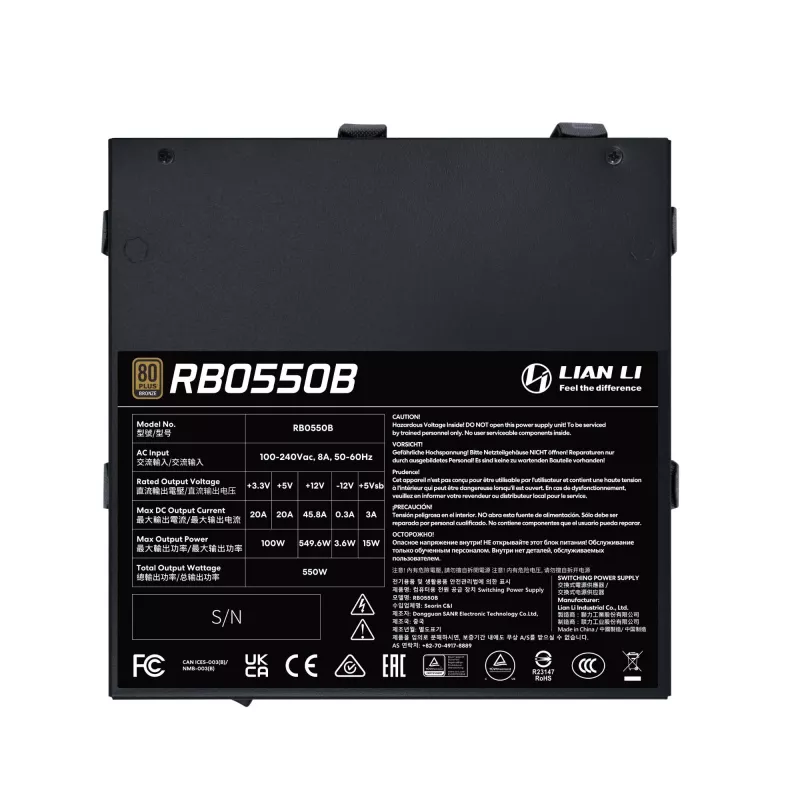 Fonte de alimentação Lian Li RB0550B.B 550 W, 24 pinos ATX, 80 PLUS Bronze, ventoinha de 135 mm, preto