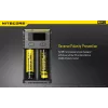 Carregador de pilhas Nitecore NEW i2 — carregador de 2 slots para LiFePO4, Li-Ion, NiMH; entrada 100–240V; saída 9–12V; suporta AAAA/C/D/AAA/AA; preto