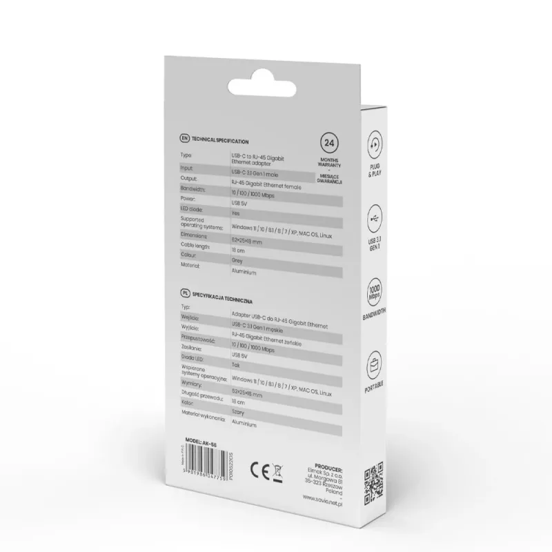 Adaptador SAVIO USB-C 3.1 Gen.1 (M) para RJ-45 Gigabit Ethernet (F), 1000 Mbps, AK-56, cinzento