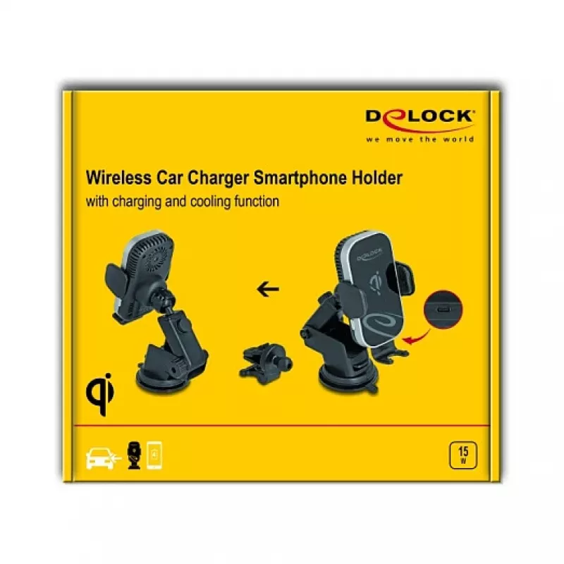 Suporte ativo para automóvel DELOCK 66939 para telemóveis — suporte com ventosa, preto/cinzento, compatível com carregamento sem fios