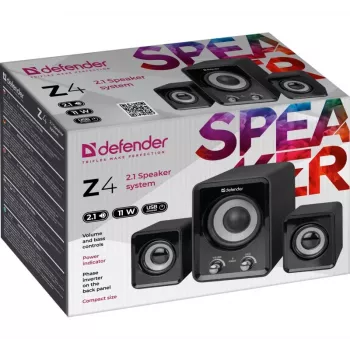 Altifalantes com fios DEFENDER Z4 2.1, 11 W RMS, preto, alimentação USB 5V, saída de auscultadores de 3,5 mm