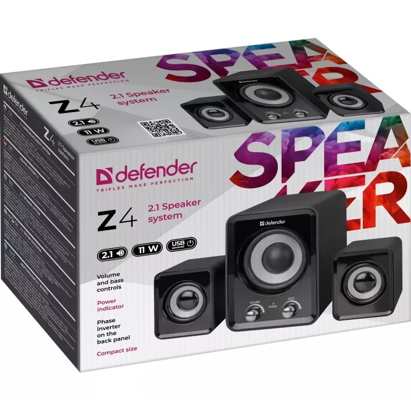 Altifalantes com fios DEFENDER Z4 2.1, 11 W RMS, preto, alimentação USB 5V, saída de auscultadores de 3,5 mm