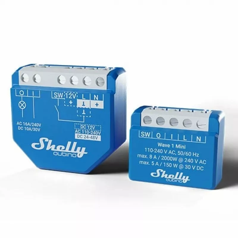 Relé inteligente Shelly Qubino Wave 1 Mini sem fios 110–240V, 8A AC / 5A DC, 868,4 MHz, para interiores, azul