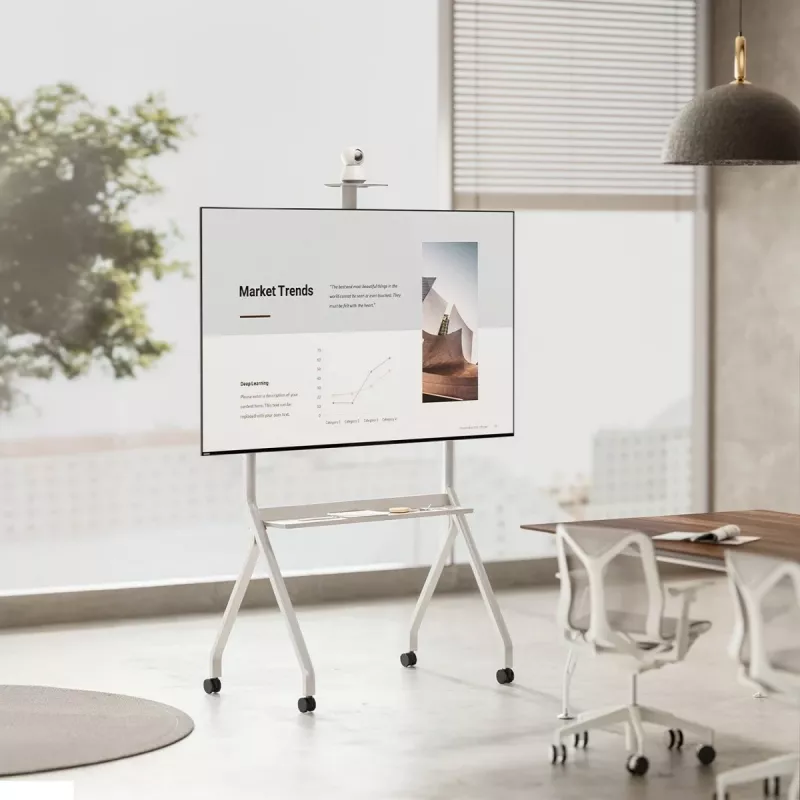 Suporte de TV de chão MACLEAN MC-114 W para ecrãs 55-100 polegadas, branco, VESA até 900x600, carga máxima 120 kg, altura 115–152 cm, prateleira