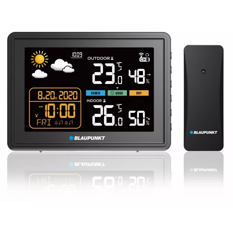 Estação meteorológica BLAUPUNKT WS30BK com sensor exterior sem fios, LCD a cores, relógio, alarme, barómetro, °C, 1 sensor