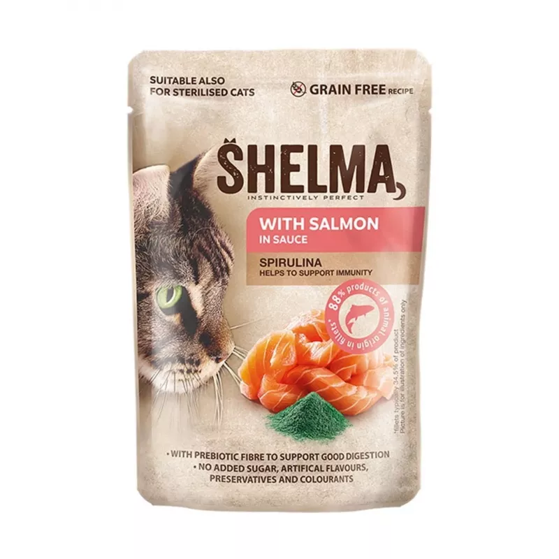 Alimento húmido para gatos SHELMA saquetas com salmão, bacalhau, frango e vaca em molho 12×85 g, gatos adultos, alimento completo